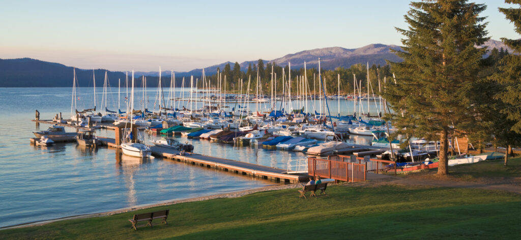 A relaxing summer evening on Payette Lake in Idaho. Boats at a marina..Check out our other great backgrounds!