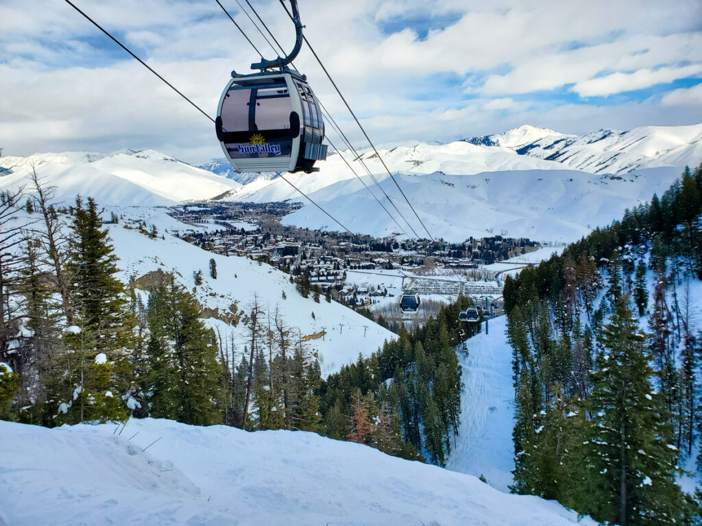 Sun Valley, Idaho, USA- January 27, 2023: The Roundhouse Express Gondola, Sun Valley ski resort, Idaho, with the town in the background.