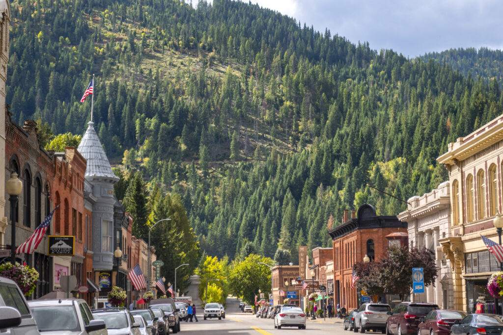 A charming, historic and picturesque main street through the mining town of Wallace, Idaho, in the Silver Valley area, an EPA superfund site from past contamination.