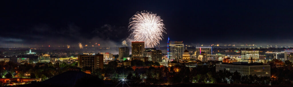 Boise skyline at night with fireworks in the sky