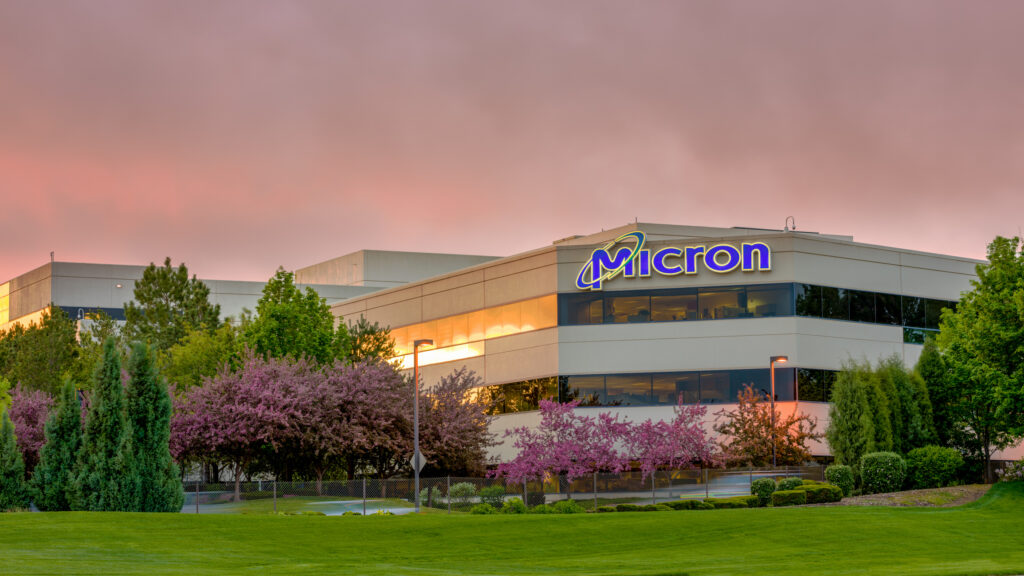 Boise, ID, USA - April 22, 2016: Micron Technology Boise . Micron is a leading company in semiconductor manufacturing. Flowering spring trees on the campus.